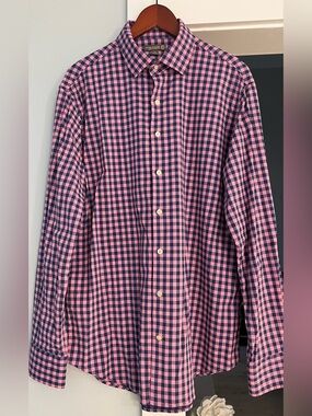 Peter Millar Summer Comfort Pink Navy Gingham Check Shirt Size L